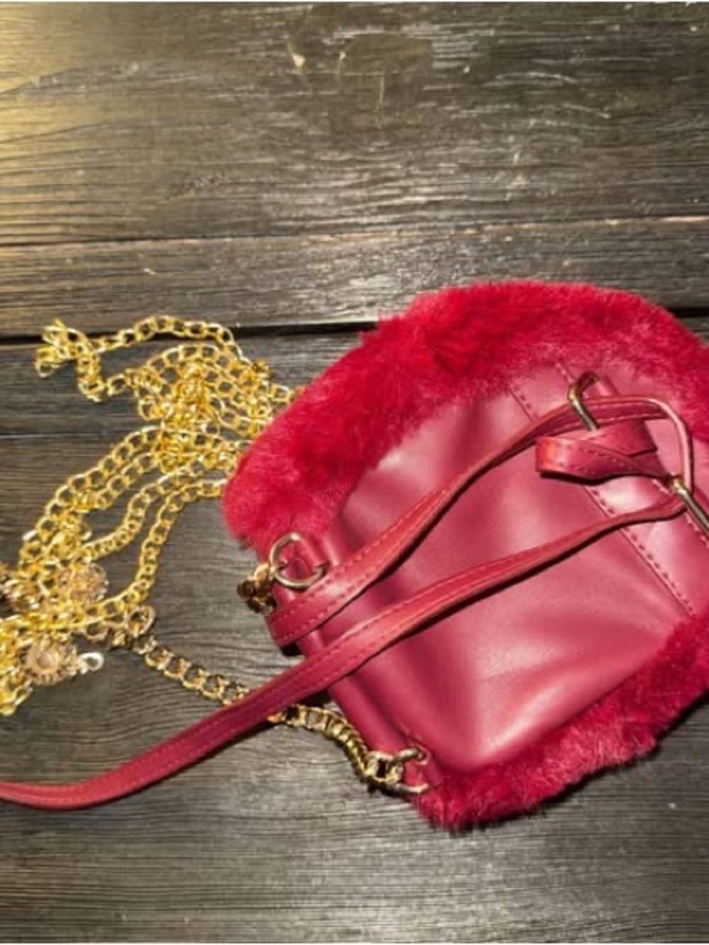 GUESS Plush Red Mini Backpack with Gold Chain - Picture 2 of 2